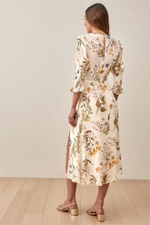 Floral Crew Collar Mid Sleeve Slit Midi Dress